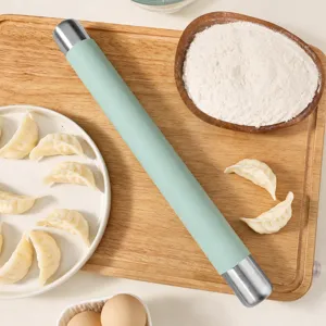 Silicone rolling pin with stainless steel ends kitchen baking tool for home use green color