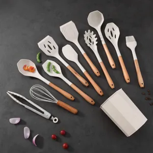 Set di utensili da cucina in silicone con manici in legno, spatola cucchiaio resistente al calore.