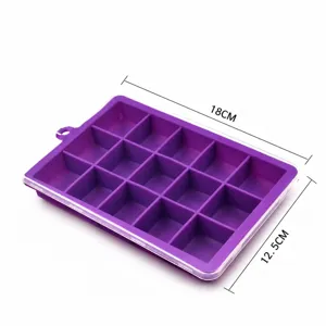 15-grid silicone ice cube tray with clear lid, purple square ice mold, 18x12.5cm home use.