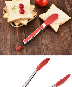 Stainless steel kitchen food tong with heat-resistant red silicone head for safe cooking and baking.