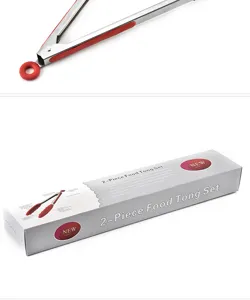 Stainless steel food tong detail view, featuring red silicone handle and hanging ring.