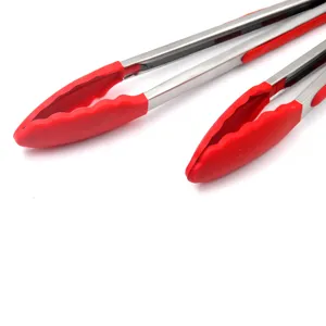 Stainless steel kitchen food tongs with red silicone non-slip heat resistant tips for cooking