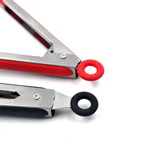 Stainless steel kitchen food tongs with silicone non-slip handles and hanging ring.