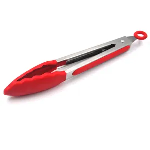 Stainless steel kitchen food tongs with red silicone grip, heat-resistant cooking tool.