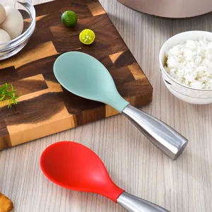 Silicone rice paddle with stainless steel hollow handle, non-stick kitchen spoon for cooking.