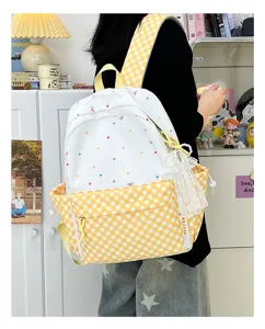 Süßer Schüler Rucksack mit Punkten und gelbem Karomuster Canvas Schultasche für Mädchen