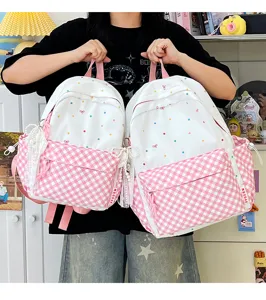 Süsser Pünktchen Kariert Schulrucksack für Teenager Mädchen modischer Freizeitrucksack Schleife