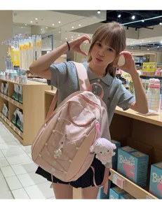 Rosa karierter Schulrucksack groesse Kapazitaet niedliche Studententasche mit Schleife