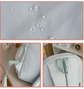 Hellblaue Schüler Schultasche Rucksack Detail wasserdichter Stoff langlebige Riemen.
