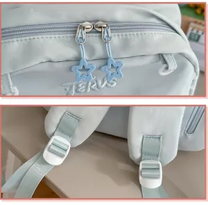 Süßer College-Stil Rucksack Detailansicht mit Reißverschluss und verstellbaren Gurten.