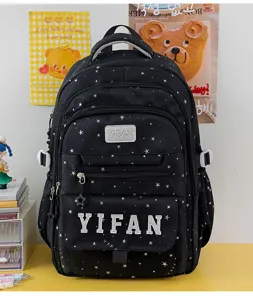 Japanischer Schulrucksack für Schüler mit Sternen- und Buchstaben-Print, großes Fach, schwarz
