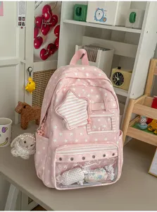 Rosa Sternmuster transparentes Fenster Schultasche kawaii Harajuku Rucksack Detailansicht