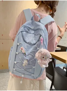 Süßer blauer Karomuster Schleife Rucksack mit Plüschanhänger für Mädchen und Studenten