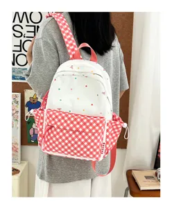 Süßer Cartoon-Polka-Dot- und Karo-Schulrucksack für Mädchen, modischer Freizeit-Tagesrucksack.