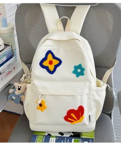Schattige nylon rugzak met bloemenborduurwerk voor studenten, grote casual dagrugzak school.