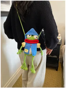Sac de téléphone mignon en crochet grenouille, sac bandoulière tricoté coloré.