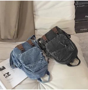 Vintage gewassen denim multifunctionele rugzak en borsttas set voor dagelijks gebruik.