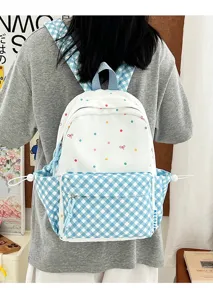 Süßer gepunkteter Karo-Schulrucksack für Mädchen, stylischer Freizeit-Tagesrucksack Schleifen.