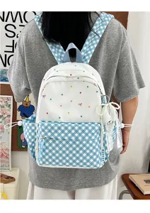 Niedlicher Pünktchen Karomuster Rucksack mit süßen Schleifen und Perlenanhänger für Schüler.