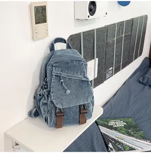 Vintage gewassen denim rugzak, stijlvolle casual multifunctionele schoudertas voor dagelijks gebruik.