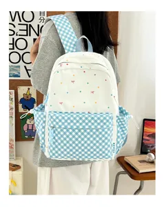 Süßer Cartoon Polka Dot Karos Rucksack Farbblock Schultasche für Mädchen Alltag