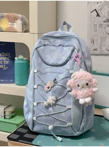 Blauer karierter Schulrucksack mit süßer Schleifenstickerei, große Kapazität modischer Rucksack.