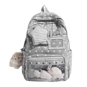 Grauer Rucksack mit Sternenmuster transparent Schultasche für Schüler mit Plüsch.