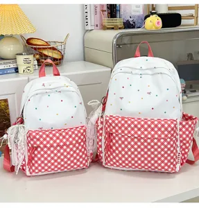 Süßer gepunkteter karierter Schulrucksack für Mädchen, süßer Rucksack in zwei Größen