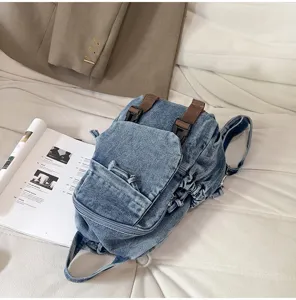 Vintage Gewassen Denim Multifunctionele Rugzak Borsttas Detail Weergave Model Stijl