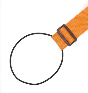 Orange luggage strap detail with black adjustable buckle and elastic loop for backpack.