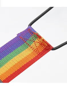 Luggage strap detail view showing durable rainbow webbing and strong elastic cord connection.