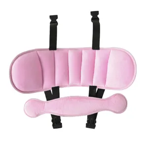 Pink baby car seat head support pillow with secure straps for safe and comfortable sleep.