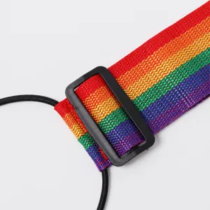 Adjustable luggage strap with colorful rainbow webbing and plastic buckle for travel suitcases.