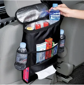 Car seat back organizer insulated cooler storage bag with multi pockets and tissue holder detail.