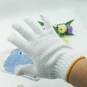 Gants de travail tricotés blancs avec picots antidérapants bleus, robustes et résistants pour hommes.