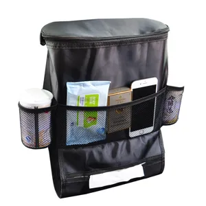 Car seat organizer and insulated cooler bag with mesh pockets for interior vehicle storage.