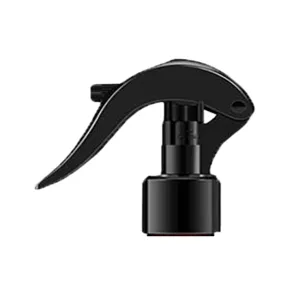 Black plastic trigger spray nozzle detail, replacement pump head for spray bottles.