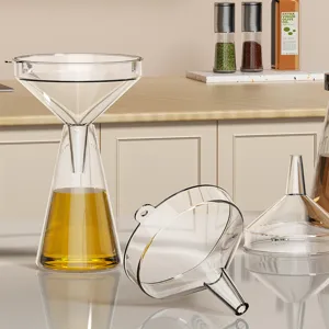 Juego de embudos de cocina de vidrio transparente para aceite líquido con agujero colgante