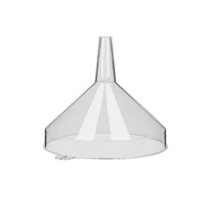 Embudo de cocina de plástico transparente con pestaña colgante para verter líquidos fácilmente.