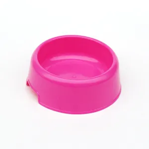 Pink plastic pet bowl for cats and dogs, round food water dish with anti-slip base design.