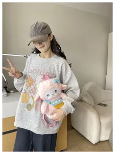 Cute plush sheep backpack, pink cartoon stuffed animal shoulder bag for daily commuting.