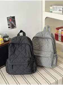 Quilted grid backpack for women, casual school bookbag, lightweight commuter daypack, chic style.
