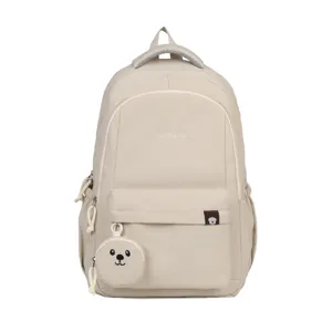 Zaino scolastico casual in nylon beige con simpatico portamonete cane, grande zaino da viaggio