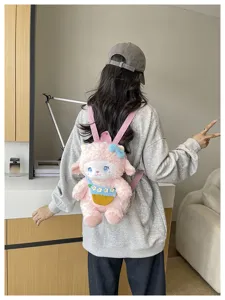 Cute pink plush sheep backpack for women, sweet cartoon lamb school bag with flower basket decor.