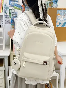 Zaino da Scuola Coreano Semplice in Nylon Color Caramella Grande Capacità per Studenti Medie Zaino per Laptop con Ciondolo Orso