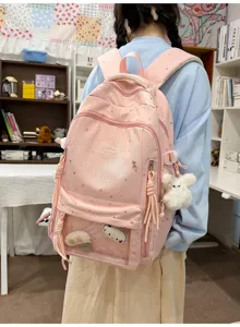 Japanischer rosa Schulrucksack mit Sternen, transparenter Tasche und süßem Plüschanhänger für Schüler