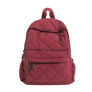 Red quilted grid backpack casual student school bag lightweight daily commuter rucksack bag