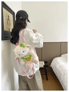 Cute plush lamb backpack for women, soft fleece animal school bag, kawaii daily shoulder bag