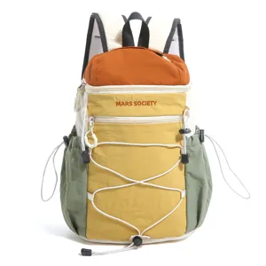 Colorblock casual backpack with bungee cords and multi pockets for outdoor and daily commute.