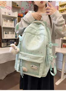 Mintgrüner Schulrucksack mit Sternenmuster, transparenter Vordertasche und Plüsch-Anhänger.